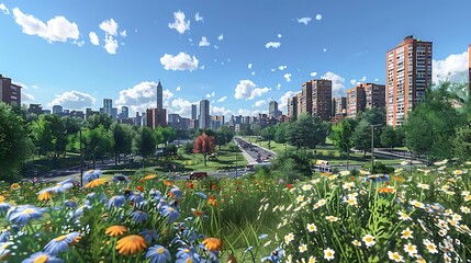 Sticker - A vibrant cityscape with greenery and flowers under a bright blue sky.