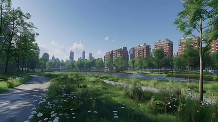 Sticker - A serene urban park with greenery, water, and city skyline in the background.