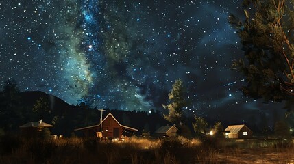 Sticker - A serene night landscape featuring a starry sky above rustic cabins and trees.