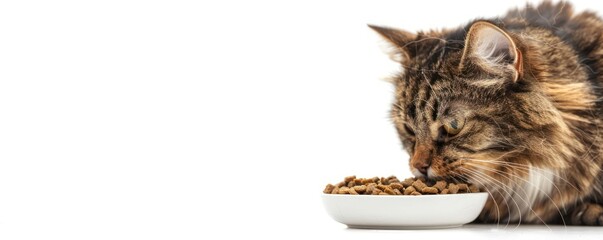 Poster - A close-up of a tabby cat eating dry food from a white bowl.