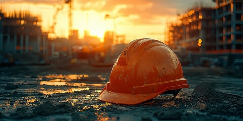 Wall Mural - Close-up of a construction helmet on the background of a construction site and sunset.