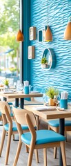 Canvas Print - Modern Restaurant Interior with Blue and Wooden Design.