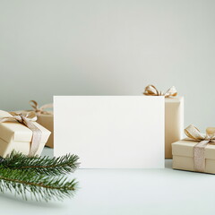 Christmas card mockup. Blank white card with fir branches and gift boxes wrapped with ribbon bows on white table. Square background with copy space for social media post. New Year banner invite