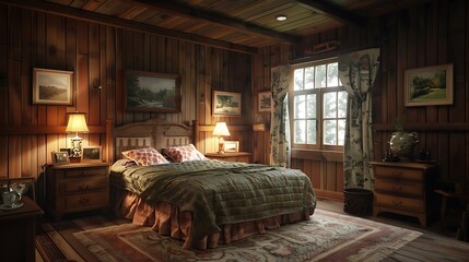 Canvas Print - A cozy wooden bedroom with warm lighting and rustic decor.