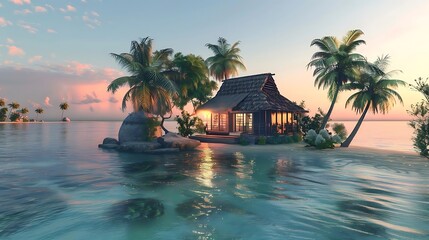 Sticker - A serene tropical scene featuring a cozy house by the water surrounded by palm trees.