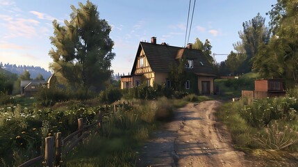 Poster - A serene countryside scene featuring a charming house along a dirt road surrounded by greenery.