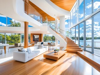 Poster - Modern living room with a view of the water.