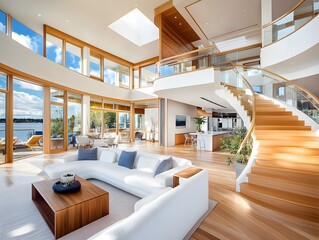 Poster - Modern Living Room with Curved Staircase and Water View.