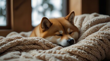 Wall Mural - cute shiba sleeping on cozy warm blanket near the window, hygge style.