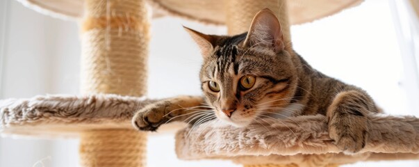 Poster - Tabby cat relaxing on a cat tree.