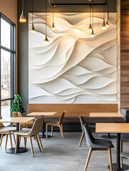 Wall Mural - Modern Restaurant Interior with White Wall Art and Wooden Tables.