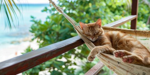 Poster - A ginger cat sleeps peacefully in a hammock, with a blurry beach and palm trees in the background.