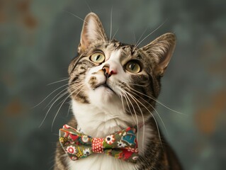 Poster - Close-up of a tabby cat wearing a colorful bow tie, looking up and to the side.