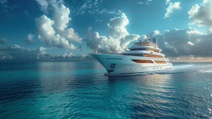 Luxurious yacht cruising through serene waters beneath a vibrant sky at sunset in the Caribbean. Generative AI