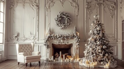 Wall Mural - In a beautifully decorated room, a white Christmas tree stands elegantly beside a warm fireplace, embellished with white ornaments and surrounded by soft candlelight