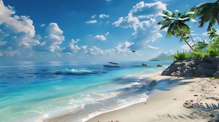 A serene tropical beach scene with clear waters, palm trees, and a distant boat.