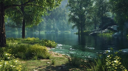 Canvas Print - A serene landscape featuring a tranquil lake surrounded by lush greenery and trees.