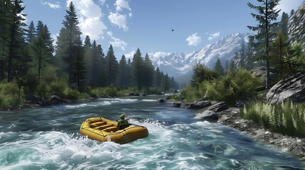 Wall Mural - A person rafting in a river surrounded by mountains and trees under a clear blue sky.