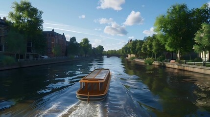 Sticker - A serene canal scene with a boat gliding through calm waters, surrounded by lush greenery.