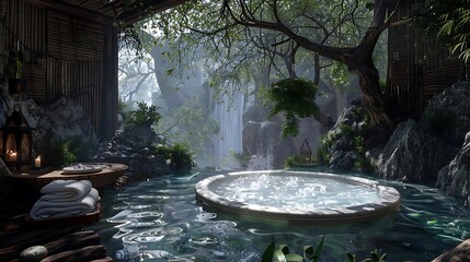 Canvas Print - A serene natural spa with a hot tub surrounded by lush greenery and a waterfall.