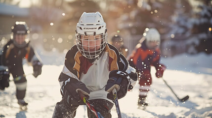 Wall Mural - Youth Hockey Team - Children Play Hockey: A group of children playing hockey as part 