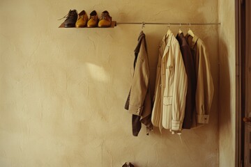 A cozy setup with neatly hung jackets and shirts, and pairs of shoes on a wall rack, reflecting a simplistic, organized, and aesthetically pleasing closet space.