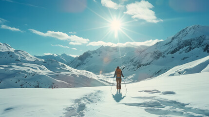 Wall Mural - Sun shining over woman skiing in Arlberg massif