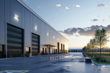 Factory's exterior, featuring clean lines, innovative architecture, and eco-friendly features. Beautiful simple AI generated image