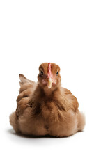 Wall Mural - A close-up of a brown chicken with a reddish-brown comb and wattles, standing against a white background. The chicken has a plump body and detailed feathers, showcasing its natural beauty.