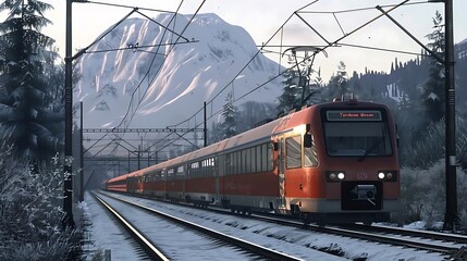 Poster - A train travels through a snowy landscape with mountains in the background.