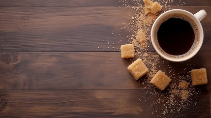 Cup of black coffee with brown sugar cubes on a wooden table