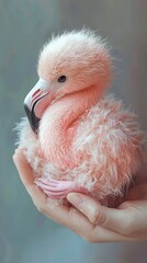 Wall Mural - A cute baby flamingo being held by someone, very fluffy and adorable, photorealistic animal portrait for wildlife and conservation concepts Generative AI