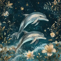 two dolphins swimming in the ocean with flowers