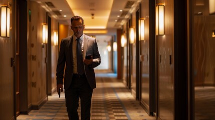 Wall Mural - A man in a black suit walks down a hotel corridor, holding a smartphone and looking focused. A door can be seen on the right