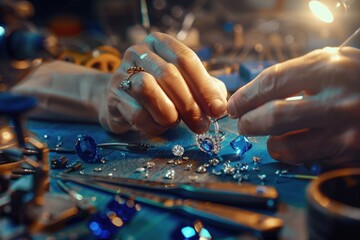 Close-up of a hand of a goldsmith who builds a precious jewel with valuable diamonds. Beautiful simple AI generated image