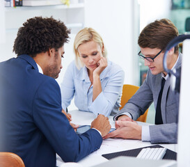 Wall Mural - Corporate, tablet and business people in office for meeting for planning, teamwork and budget review. Financial advisor, talking and men and woman on digital tech for internet, website and research