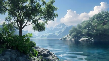 Poster - A serene landscape featuring a lake, mountains, and lush greenery under a clear sky.