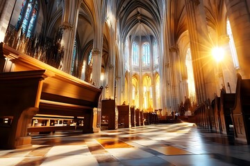 Wall Mural - Sunlight streaming through the stained glass windows of a cathedral.