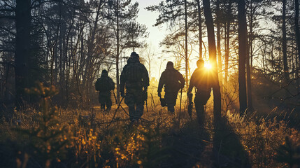 Group of hunters during hunting in the forest.