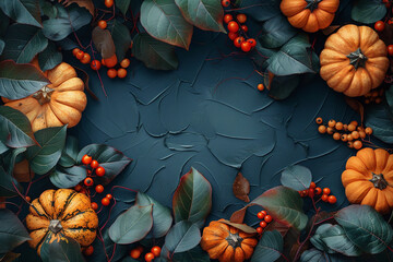 Wall Mural - pumpkins, autumn leaves, berries, and pine cones on a dark background