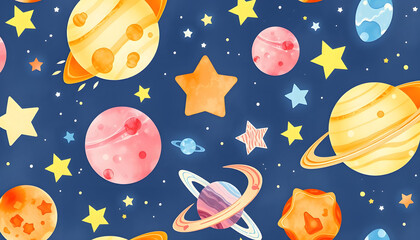 seamless pattern with space, stars, planets, cute watercolor childrens illustration isolated with white highlights, png