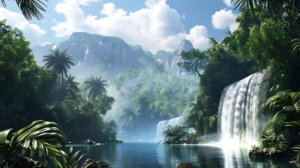 Canvas Print - A serene landscape featuring waterfalls, lush greenery, and misty mountains.