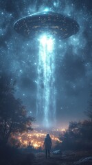 Wall Mural - Person stands in a forest at night, gazing at a large UFO with a beam of light beneath it