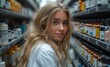 © TheGoldTiger - Young woman with blonde hair is looking back between shelves stocked with bottles, possibly in a pharmacy or health store