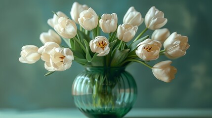 Sticker - Bouquet of white tulips with yellow centers is displayed in a clear, green glass vase against a soft-focus background