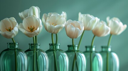 Wall Mural - Row of white tulips elegantly displayed in transparent green glass vases against a soft green background, creating a serene scene