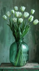 Sticker - Bouquet of white tulips with green stems positioned in a translucent green vase on a wooden surface, artistic and serene