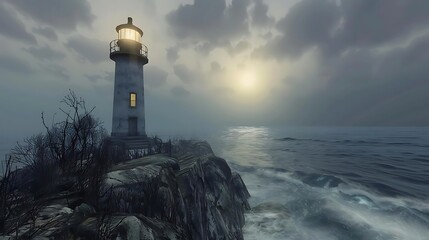 Wall Mural - A serene lighthouse stands on a rocky coast under a cloudy sky at sunset.