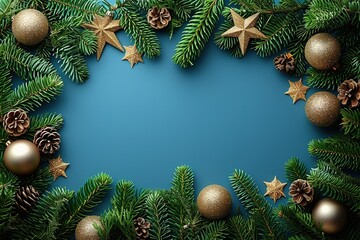 Christmas frame top border made of fir tree branches, golden decorative stars, balls over blue background Flat lay, top view Xmas banner mockup with copy space