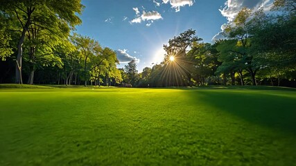 Wall Mural - Golden Hour in the Park:  A serene and picturesque view of a lush green meadow bathed in the warm glow of the setting sun, with vibrant trees framing the landscape. The sun's rays pierce through the c